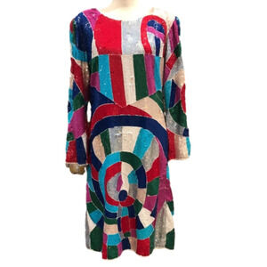 𝅺vintage 1980s Morphew Pop Art Sequin Long Sleeve Cocktail Dress Size Medium 6